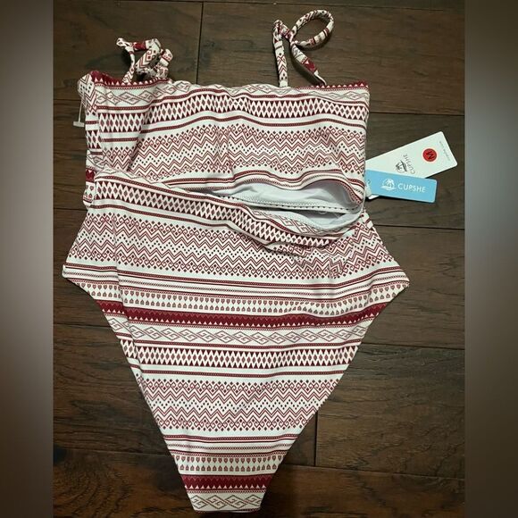 CUPSHE Retro Print Bandeau Burgundy & White Boho High Wait Bikini 2PC SZ M-NWT - Picture 4 of 6